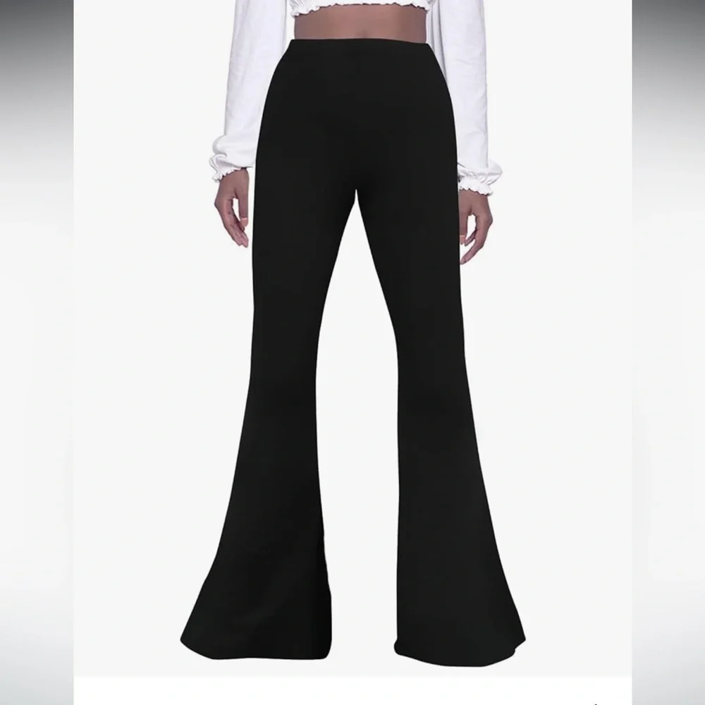 Guolezeev High Waisted Bellbottom Flare 70s Black Pants NWT - Picture 10 of 12